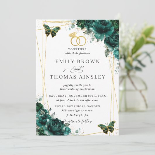 Elegant Wedding Emerald Green Floral Butterflies Kaart (Staand voorkant)