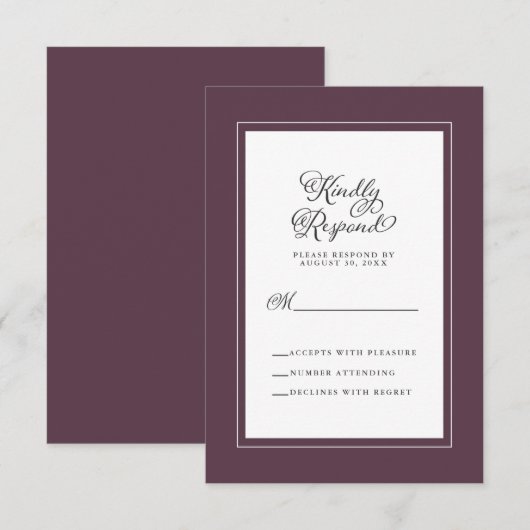 Elegant Wedding Enclosure Cassis Paars en White RSVP Kaartje (Voorkant / Achterkant)