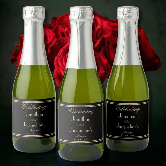 Elegant Wedding Favor Names Black & Gold Chic Mini Sparkling Wijnetiket