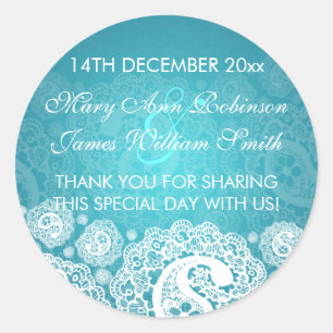 Elegant Wedding Favor Tag Paisley Lace Blue Ronde Sticker
