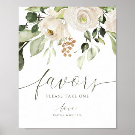Elegant Wedding Favors Sign Greenery Foliage White Poster