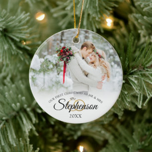 Elegant Wedding First Kerstmis Mr. en Mrs. 2 Foto Keramisch Ornament