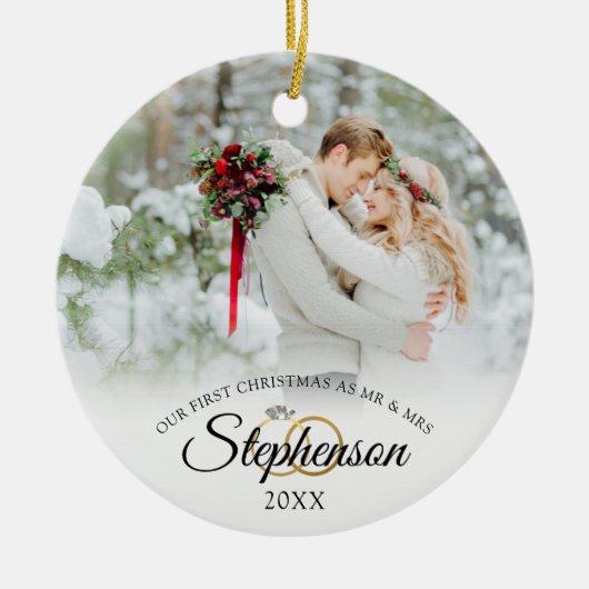 Elegant Wedding First Kerstmis Mr. en Mrs. 2 Foto Keramisch Ornament (Voorkant)