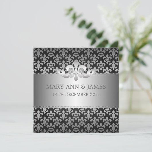 Elegant Wedding Fleur De Lis Black Kaart (Staand voorkant)