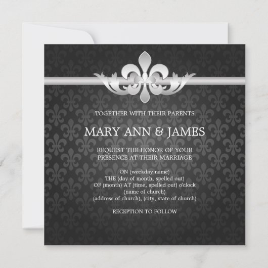 Elegant Wedding Fleur De Lis Black Kaart (Achterkant)
