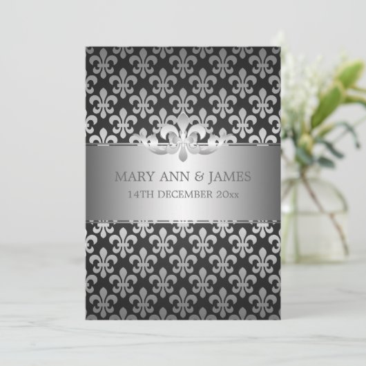 Elegant Wedding Fleur De Lis Black Kaart (Staand voorkant)