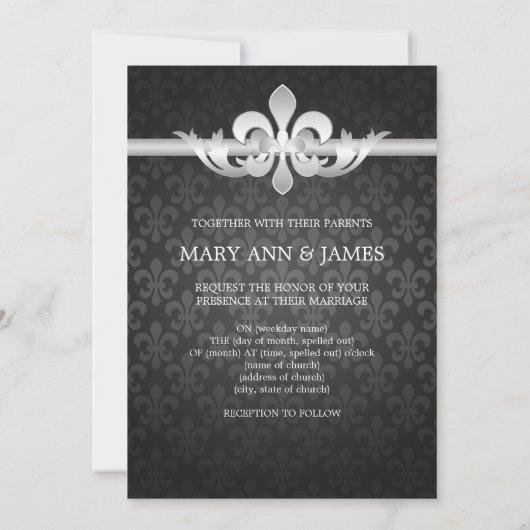 Elegant Wedding Fleur De Lis Black Kaart (Achterkant)
