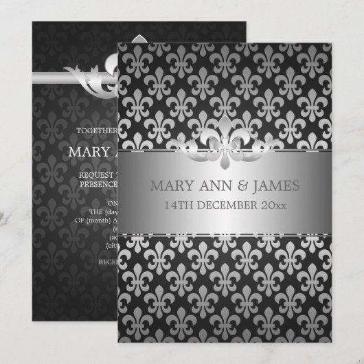 Elegant Wedding Fleur De Lis Black Kaart (Voorkant / Achterkant)