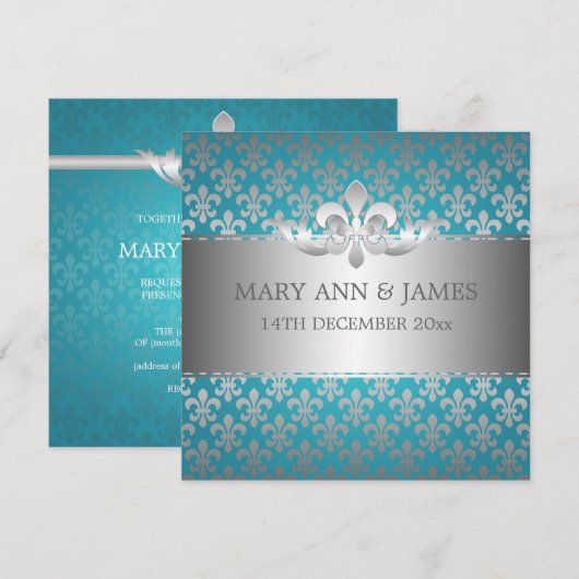 Elegant Wedding Fleur De Lis Blue Kaart (Voorkant / Achterkant)