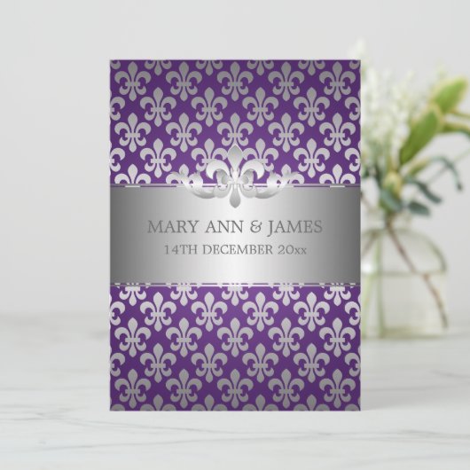 Elegant Wedding Fleur De Lis Paars Kaart (Staand voorkant)