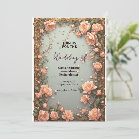 Elegant Wedding Flora Frame With Soft Pink Flowers Kaart (Staand voorkant)