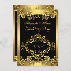 Elegant Wedding  Floral Black Gold Kaart