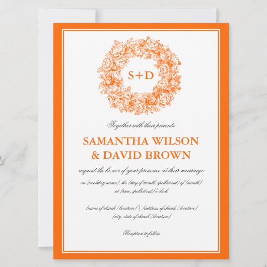 Elegant Wedding Floral Monogram Oranje Kaart (Voorkant)