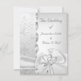 Elegant Wedding Floral Silver White Bow Hearts Kaart
