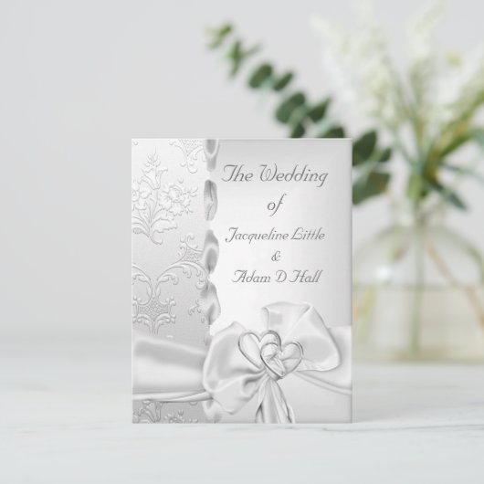 Elegant Wedding Floral Silver White Bow Hearts Kaart (Staand voorkant)