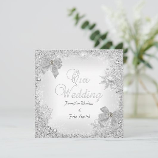 Elegant Wedding Glitter Silver White Bow Kaart (Staand voorkant)