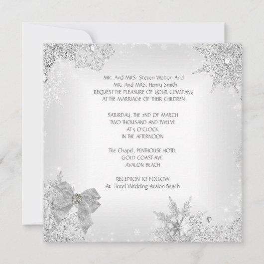 Elegant Wedding Glitter Silver White Bow Kaart (Achterkant)