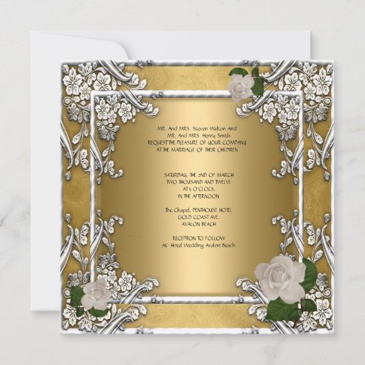 Elegant Wedding Gold Cream Roos Silver Kaart (Achterkant)