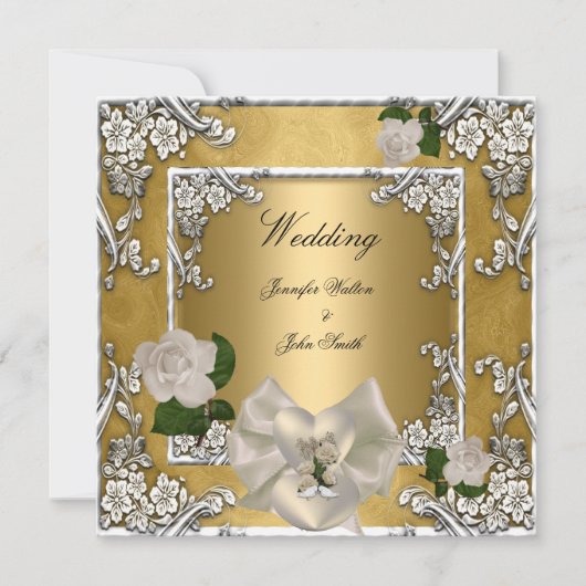 Elegant Wedding Gold Cream Roos Silver Kaart (Voorkant)