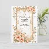 Elegant Wedding Gold Frame With Soft Pink Flowers Kaart (Staand voorkant)