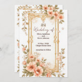 Elegant Wedding Gold Frame With Soft Pink Flowers Kaart (Voorkant / Achterkant)