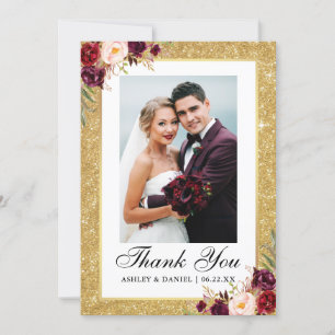 Elegant Wedding Gold Glitter Burgundy Floral Foto Bedankkaart