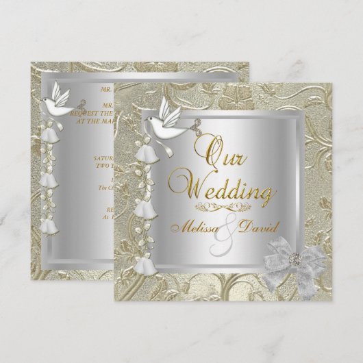 Elegant Wedding Gold Silver White Dove Damask Kaart (Voorkant / Achterkant)