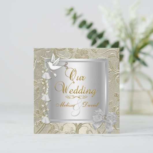 Elegant Wedding Gold Silver White Dove Damask Kaart (Staand voorkant)