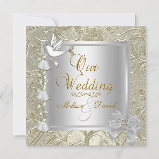 Elegant Wedding Gold Silver White Dove Damask Kaart (Voorkant)
