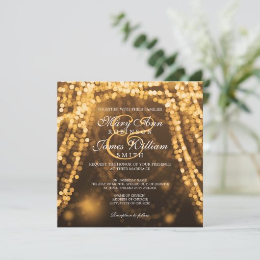 Elegant Wedding Gold String Lights Kaart (Staand voorkant)