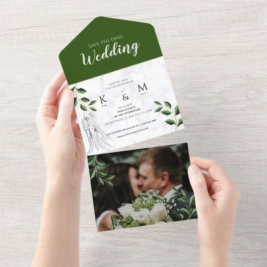 Elegant Wedding Green Foliage Foto Save the Date All In One Uitnodiging (Afscheurbaar)