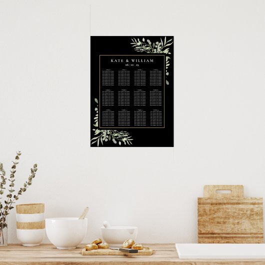 Elegant Wedding Greenery Black Gold Seating Chart Poster (Keuken)