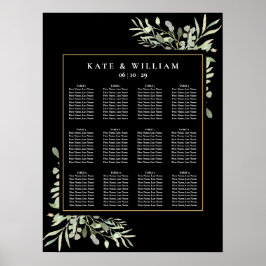 Elegant Wedding Greenery Black Gold Seating Chart Poster