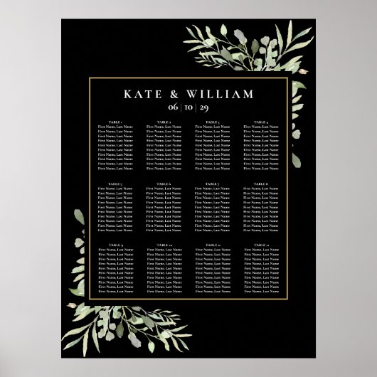 Elegant Wedding Greenery Black Gold Seating Chart Poster (Voorkant)