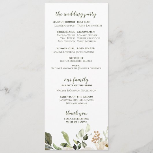 Elegant Wedding Greenery Foliage White Floral Programmakaart (Achterkant)