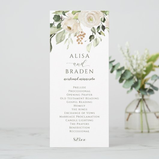 Elegant Wedding Greenery Foliage White Floral Programmakaart (Staand voorkant)
