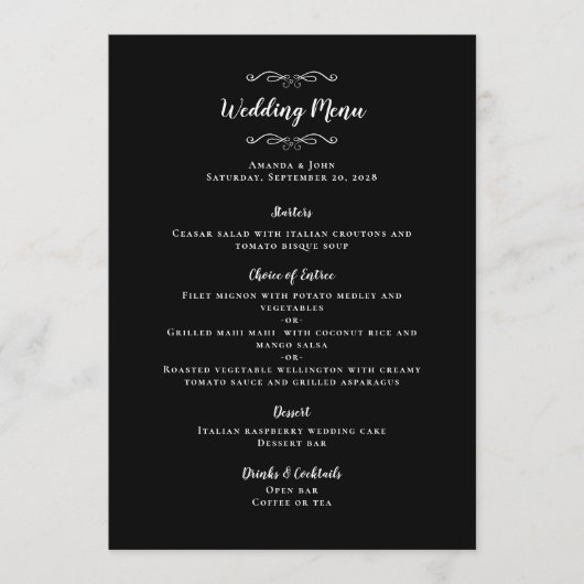 Elegant Wedding Guest Calligraphy Black White Chic Menu (Voorkant)