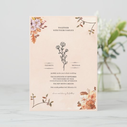 Elegant wedding invitation adorned with roses kaart (Staand voorkant)