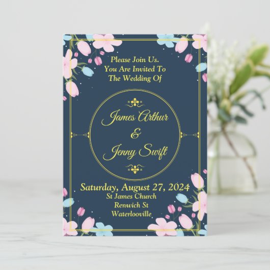 Elegant Wedding Invitation, blauw, goud, roze Kaart (Staand voorkant)