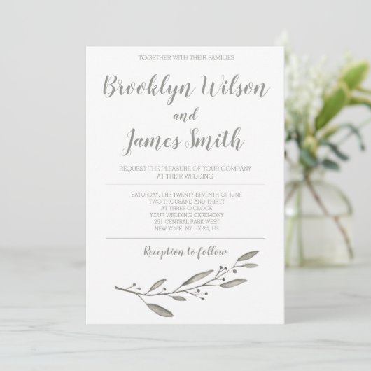Elegant Wedding Invitation Calligraphy Floral Grey Kaart (Staand voorkant)