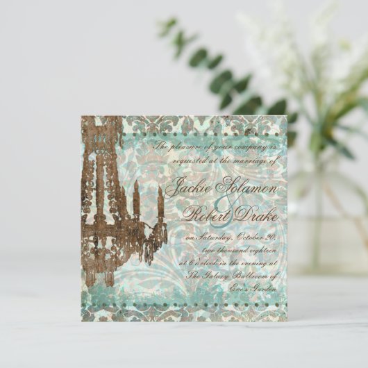 Elegant Wedding Invitation Chandelier Blauwgroen Kaart (Staand voorkant)