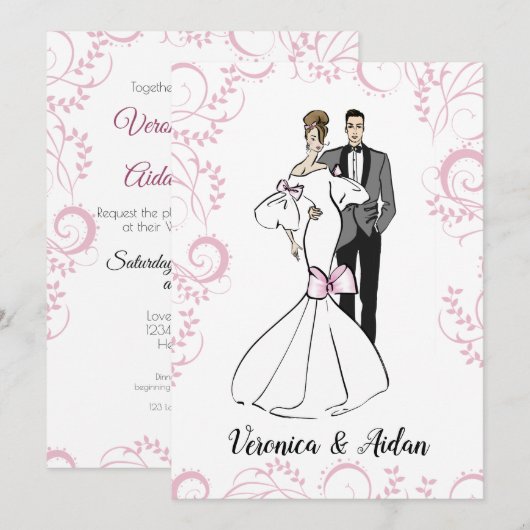 Elegant Wedding Invitation Fashionillustratie Kaart (Voorkant / Achterkant)