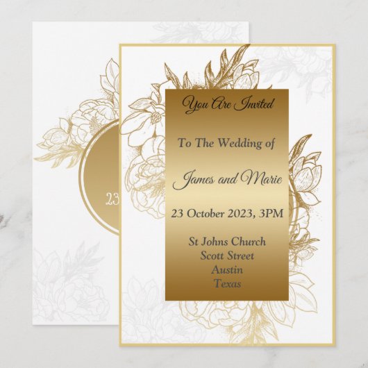 Elegant Wedding Invitation, goud, wit, zwart Kaart (Voorkant / Achterkant)