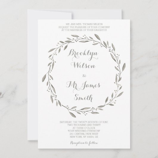 Elegant Wedding Invitation Grey Floral Wreath Kaart (Voorkant)