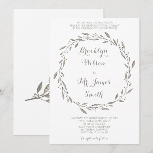 Elegant Wedding Invitation Grey Floral Wreath Kaart (Voorkant / Achterkant)
