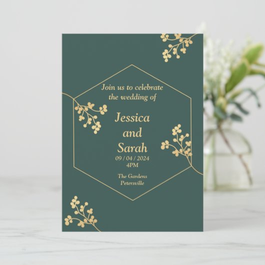 Elegant Wedding Invitation, groen, goud, wit Kaart (Staand voorkant)
