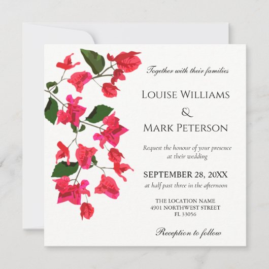 Elegant Wedding Invitation met Bougainvillea Kaart (Voorkant)