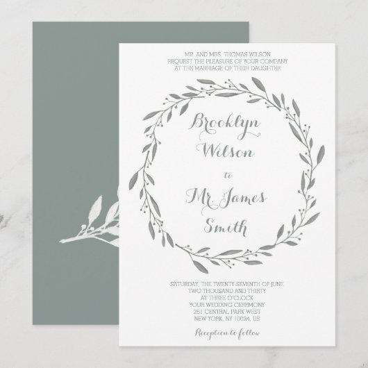 Elegant Wedding Invitation Sage Floral Wreath Kaart (Voorkant / Achterkant)