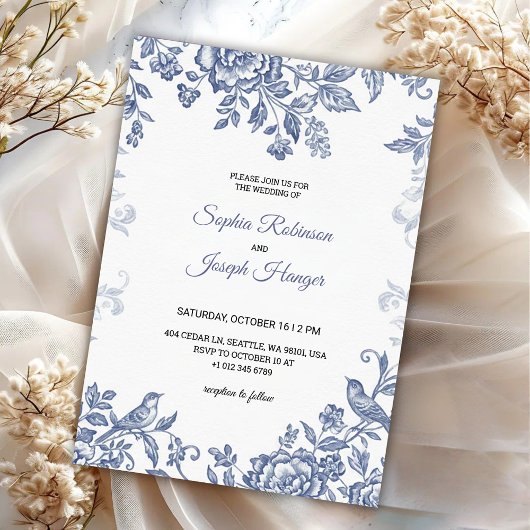 Elegant wedding invitation with blue floral kaart