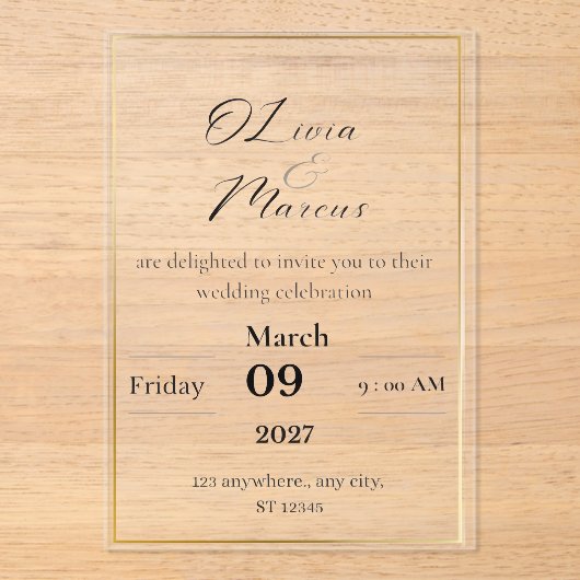 Elegant Wedding Invitation with Gold Frame  Acryl Uitnodigingen (Voorkant)